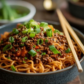 Bowl of lo mein noodles with ground beef sauce mixture.